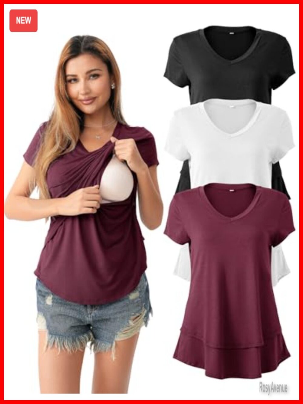 SUNNYBUY Women's 3 Pack Maternity Nursing Tops V-Neck Short Sleeve